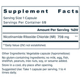 Supplement facts label for Nicotinamide Riboside NAD+ Precursor 750mg capsules.