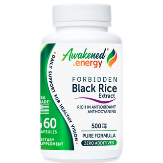 Supplement bottle labeled 'Forbidden Black Rice Extract' by Awakened Energy on a white background