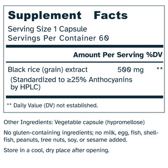 Supplement facts label for black rice extract capsule