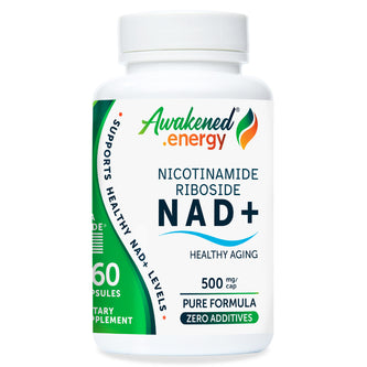 Supplement bottle labeled 'Awakened Energy' Nicotinamide Riboside NAD+ supplement on a white background