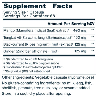 Supplement facts label with ingredients and nutritional information