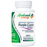 Supplement bottle labeled 'Awakened Energy' with purple corn extract on a white background