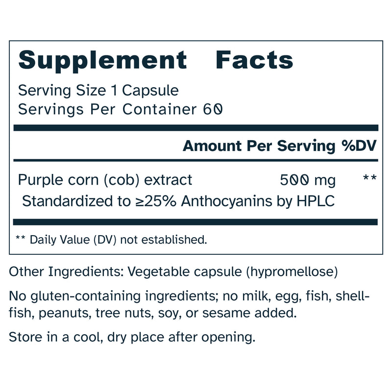 Supplement facts label for purple corn extract capsules on a white background