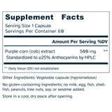 Supplement facts label for purple corn extract capsules on a white background