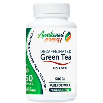 Awakened.energy Decaffeinated Green Tea 600 mg with 40% EGCG supplement bottle on a white background
