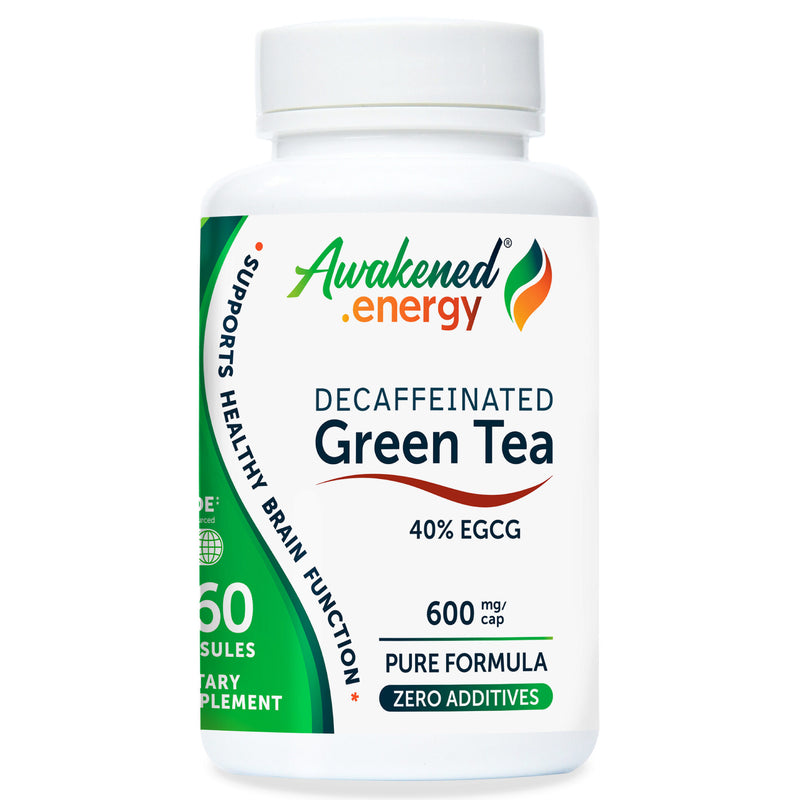 Awakened.energy Decaffeinated Green Tea 600 mg with 40% EGCG supplement bottle on a white background