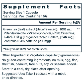 A black and white Supplement Facts label for a green tea leaf extract capsule, detailing serving size, daily value percentages, ingredients, and suggested use.