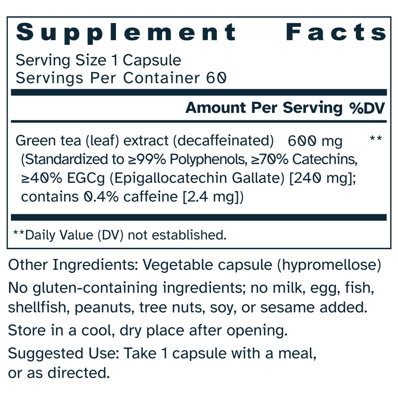A black and white Supplement Facts label for a green tea leaf extract capsule, detailing serving size, daily value percentages, ingredients, and suggested use.