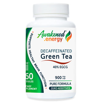 Awakened Energy Decaffeinated Green Tea with 40% EGCG supplement bottle on a white background