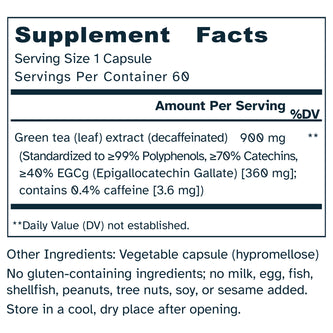 Supplement facts label for a green tea extract capsule with detailed nutritional information.