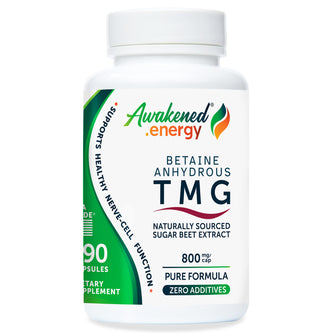 Bottle of Awakened.energy TMG – Betaine Anhydrous 800 mg supplement on a white background.