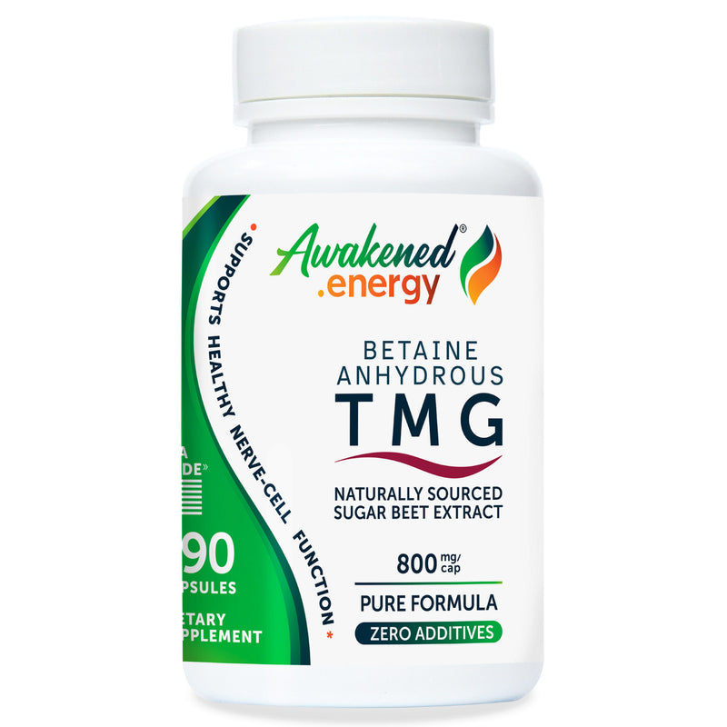 Bottle of Awakened.energy TMG – Betaine Anhydrous 800 mg supplement on a white background.
