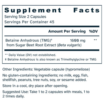 Supplement facts label for TMG – Betaine Anhydrous 800 mg capsules.