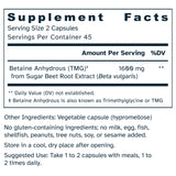 Supplement facts label for TMG – Betaine Anhydrous 800 mg capsules.