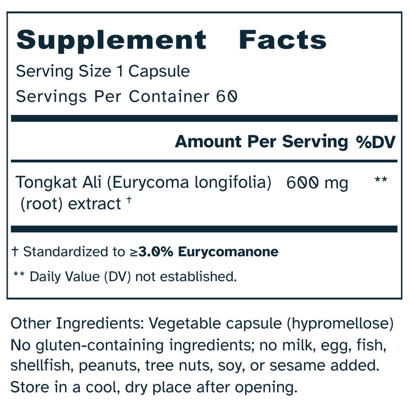 Supplement facts label for a product containing Tongkat Ali extract.
