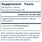 Supplement facts label for a product containing Tongkat Ali extract.