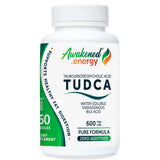 Bottle of Awakened.energy TUDCA 600 mg supplement on a white background.