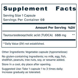 Supplement facts label for TUDCA 600 mg capsules.