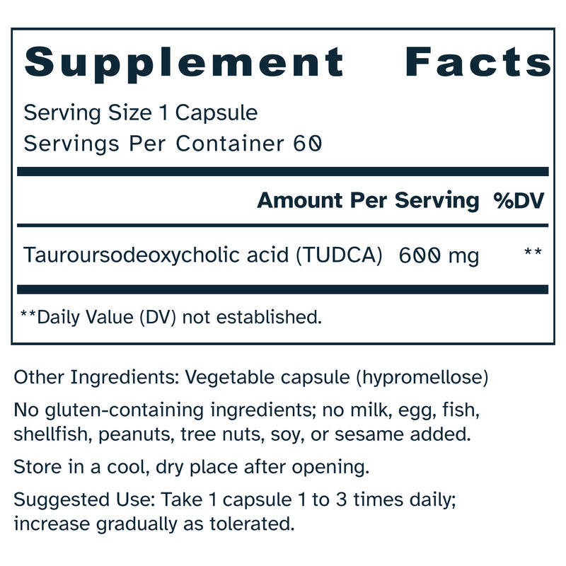 Supplement facts label for TUDCA 600 mg capsules.