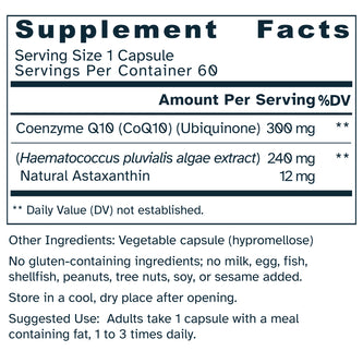 Supplement facts label for Asta-Q10 540 mg – CoQ10 & Astaxanthin capsules.