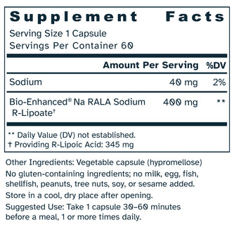 Supplement facts label for Bio-Enhanced® Na R-Lipoic Acid 400 mg capsules.