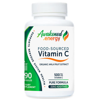 Bottle of Awakened.energy Food-Sourced Vitamin C 500 mg supplement on a white background.