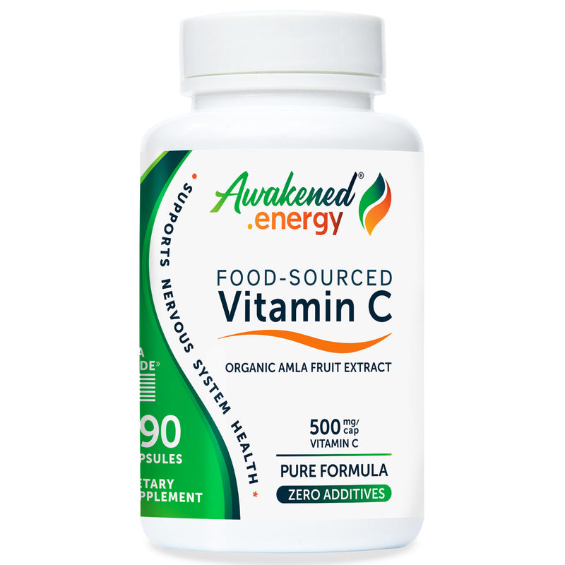 Bottle of Awakened.energy Food-Sourced Vitamin C 500 mg supplement on a white background.