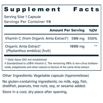 Supplement facts label for Food-Sourced Vitamin C 500 mg capsules.
