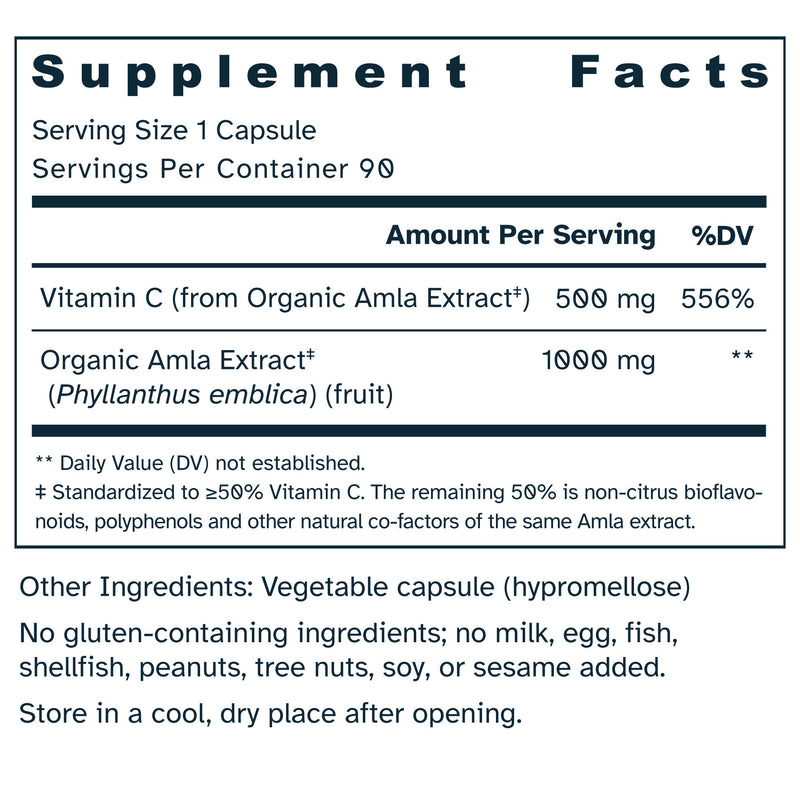 Supplement facts label for Food-Sourced Vitamin C 500 mg capsules.