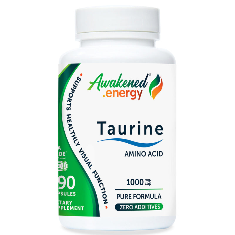 Bottle of Awakened.energy Taurine Amino Acid 1000 mg supplement on a white background.