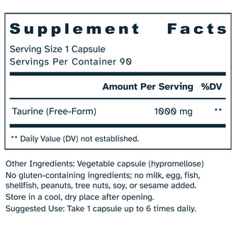 Supplement facts label for Taurine Amino Acid 1000 mg capsules.