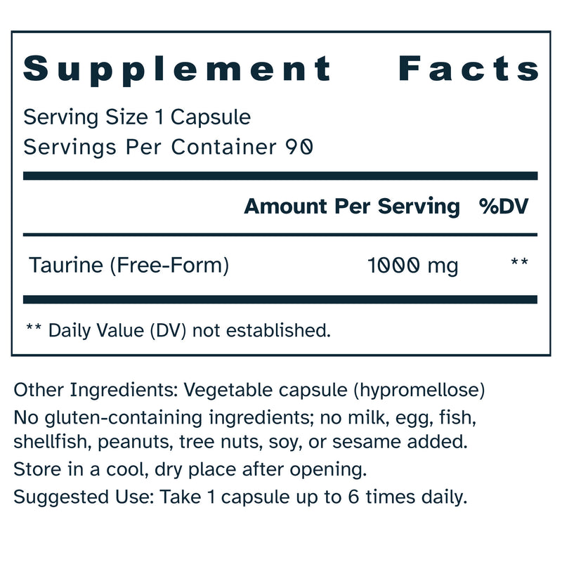 Supplement facts label for Taurine Amino Acid 1000 mg capsules.