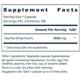 Supplement facts label for Taurine Amino Acid 1000 mg capsules.