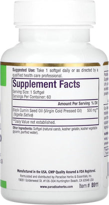 Black Seed Virgin Cold Pressed Oil 60 Capsules by Paradise Herbs.