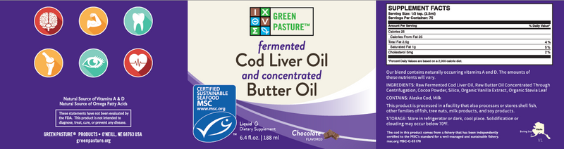 Green Pasture Blue Ice Royal Fermented Cod Liver Oil/Butter Oil, Chocolate – 6.4 fl oz