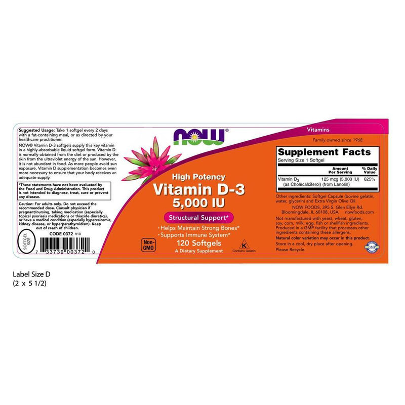 NOW Supplements High Potency Vitamin D-3, 5000 IU – 120 Softgels