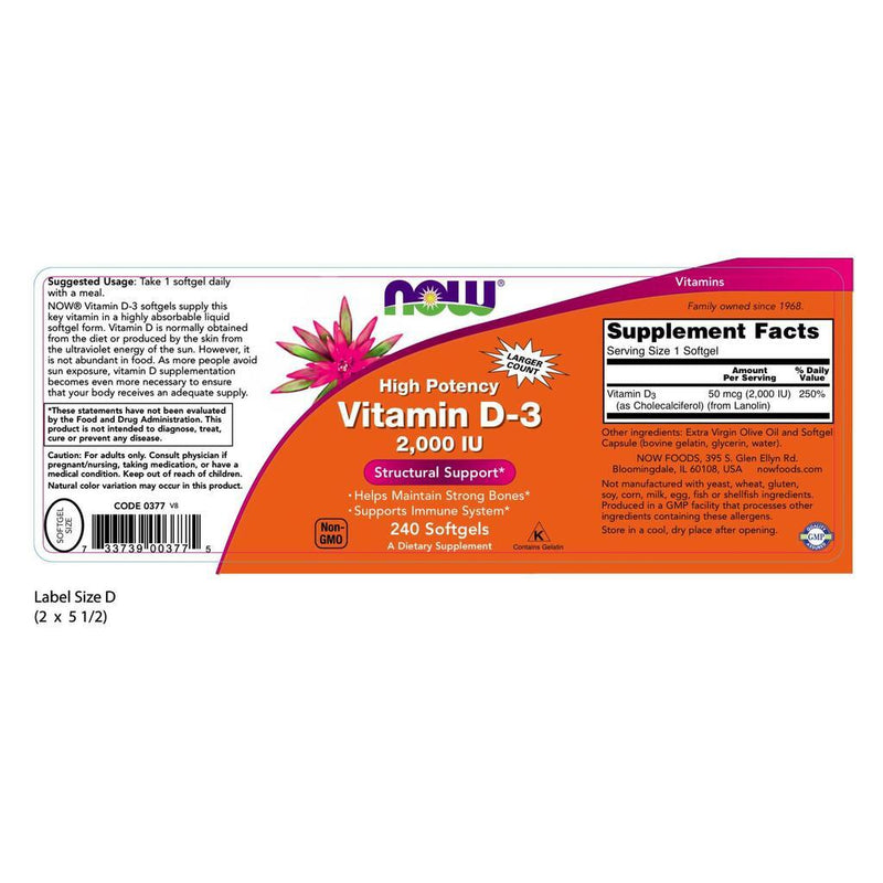 NOW Supplements High Potency Vitamin D3, 2000 IU – 240 Softgels
