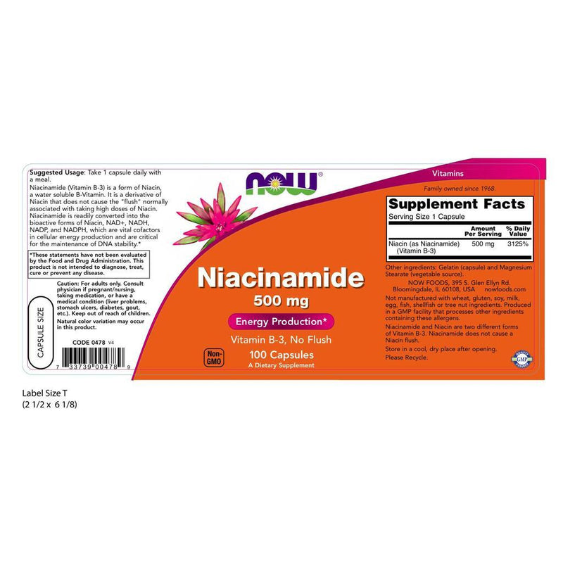 NOW Supplements Niacinamide (B3) 500 mg - 100 Capsules