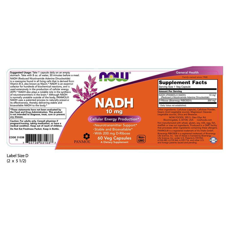 NOW Supplements NADH 10 mg - 60 Veg Capsules