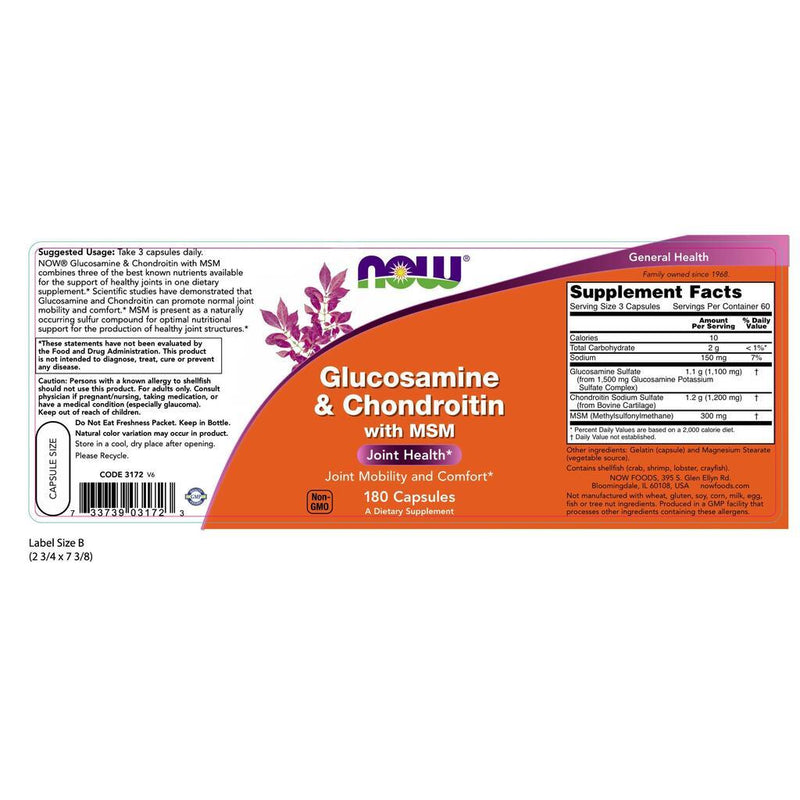 NOW Supplements Glucosamine & Chondroitin with MSM - 180 Capsules