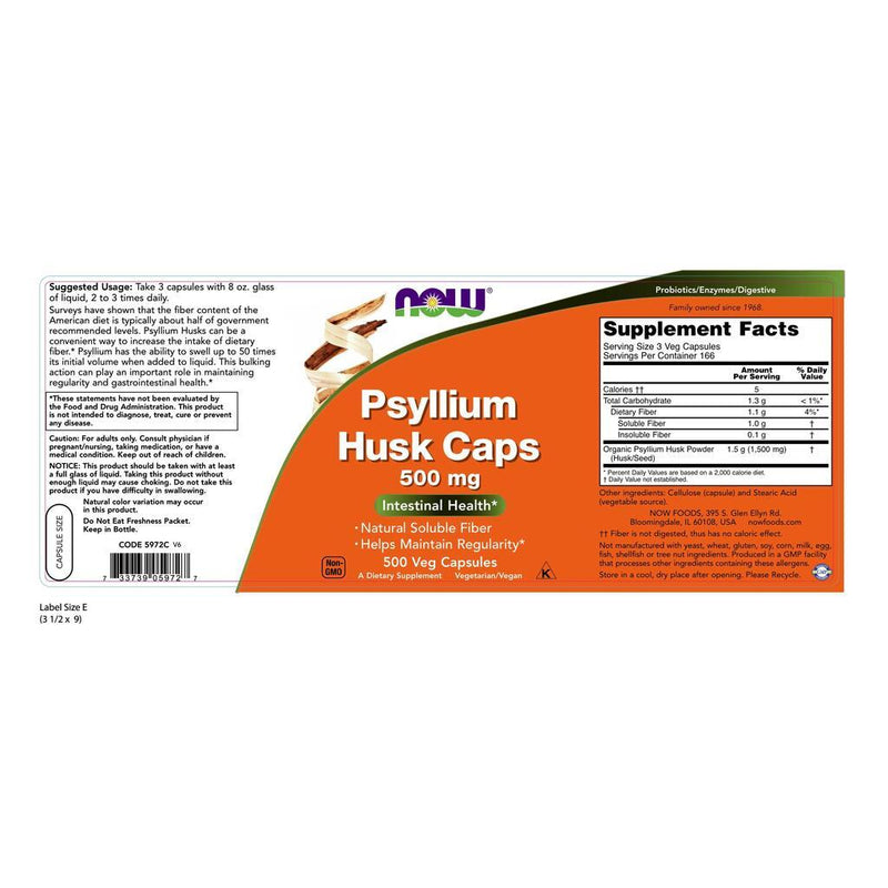 NOW Supplements Psyllium Husk Caps, 500 mg – 500 Veg Capsules