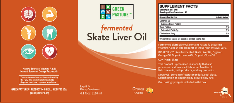 Green Pasture Blue Ice Fermented Skate Liver Oil, Orange – 6.1 fl oz