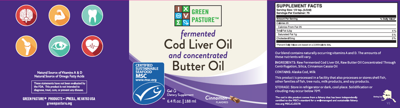 Green Pasture Blue Ice Royal Butter Oil/Fermented Cod Liver Oil Blend, Cinnamon – 6.4 fl oz